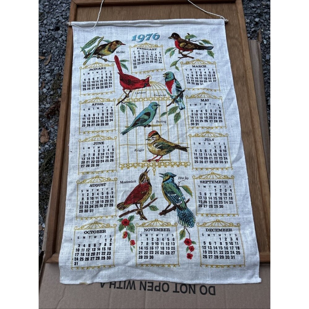 Vintage 1976 Tea Cloth Calendar Linen Wall Hanging Birds Warbler Robin Cardinal